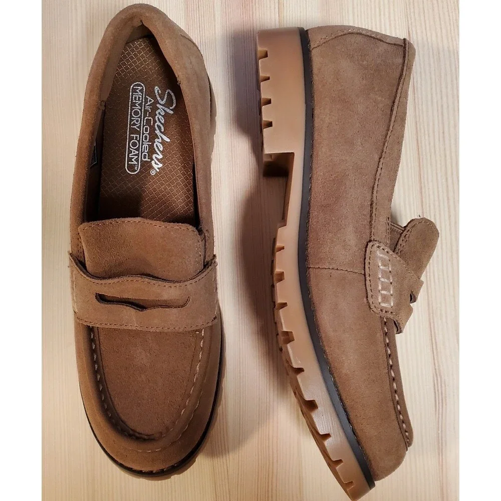 Skechers Womens 9 Cypress Chic Surge Brown Tan Beige Suede Penny Loafers - Picture 9 of 11